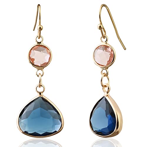 El Regalo Simulated Navy Blue Sapphire & Champagne Topaz Crystal Earrings- Hypoallergenic Dangle Drops Crystal Earrings for Girls & Women