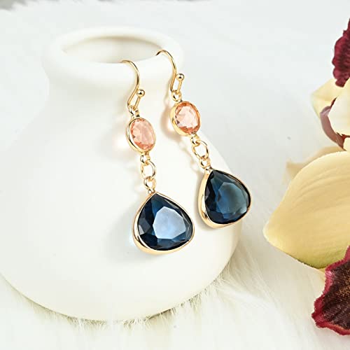 El Regalo Simulated Navy Blue Sapphire & Champagne Topaz Crystal Earrings- Hypoallergenic Dangle Drops Crystal Earrings for Girls & Women