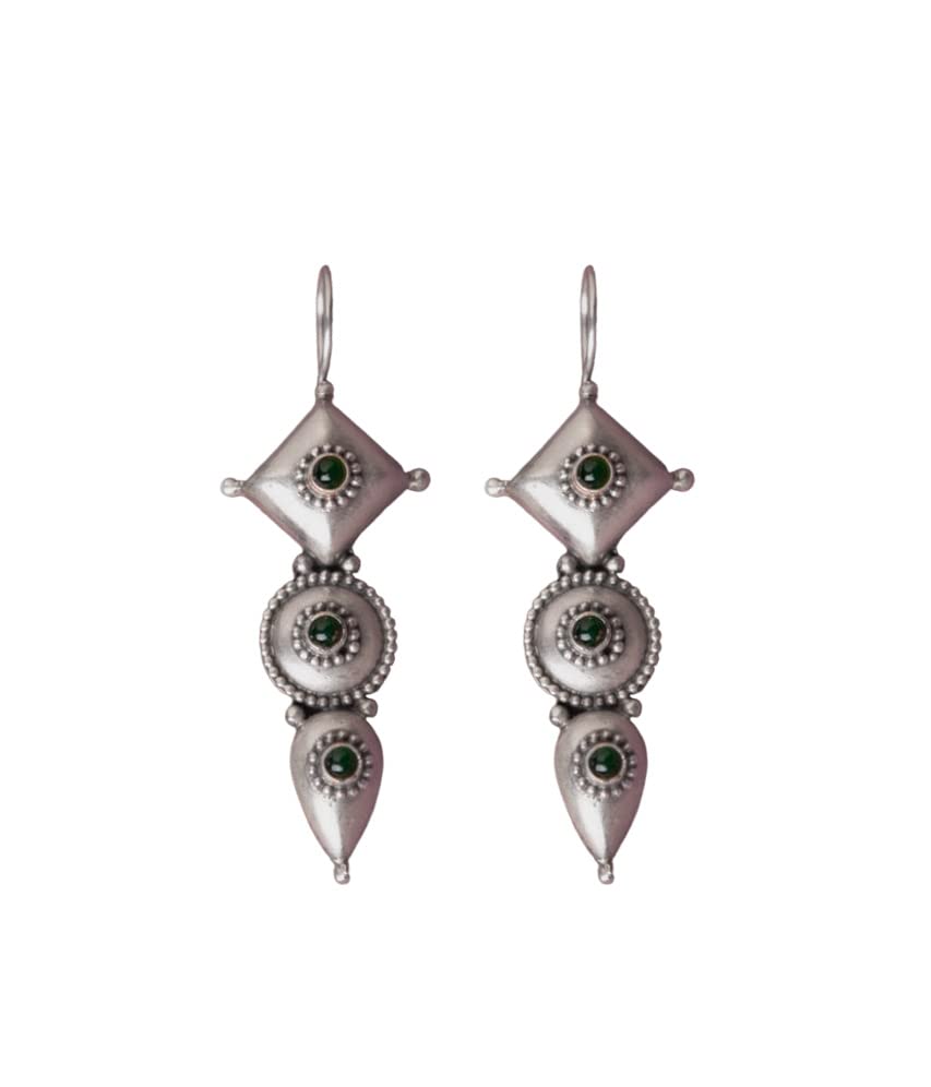 El Regalo's "Trikoni" Handcrafted Silver Lookalike Oxidized Brass Earrings in Antique Silver Finish with Red & Green Stones