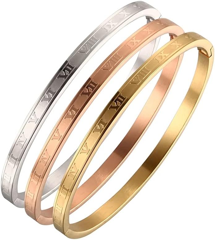 El Regalo 3PCs Anti Tarnish Stainless Steel with Roman Numbers Openable Bracelets Value Pack- Waterproof Bangle Bracelets Set  (Gold, Rose Gold, Silver)