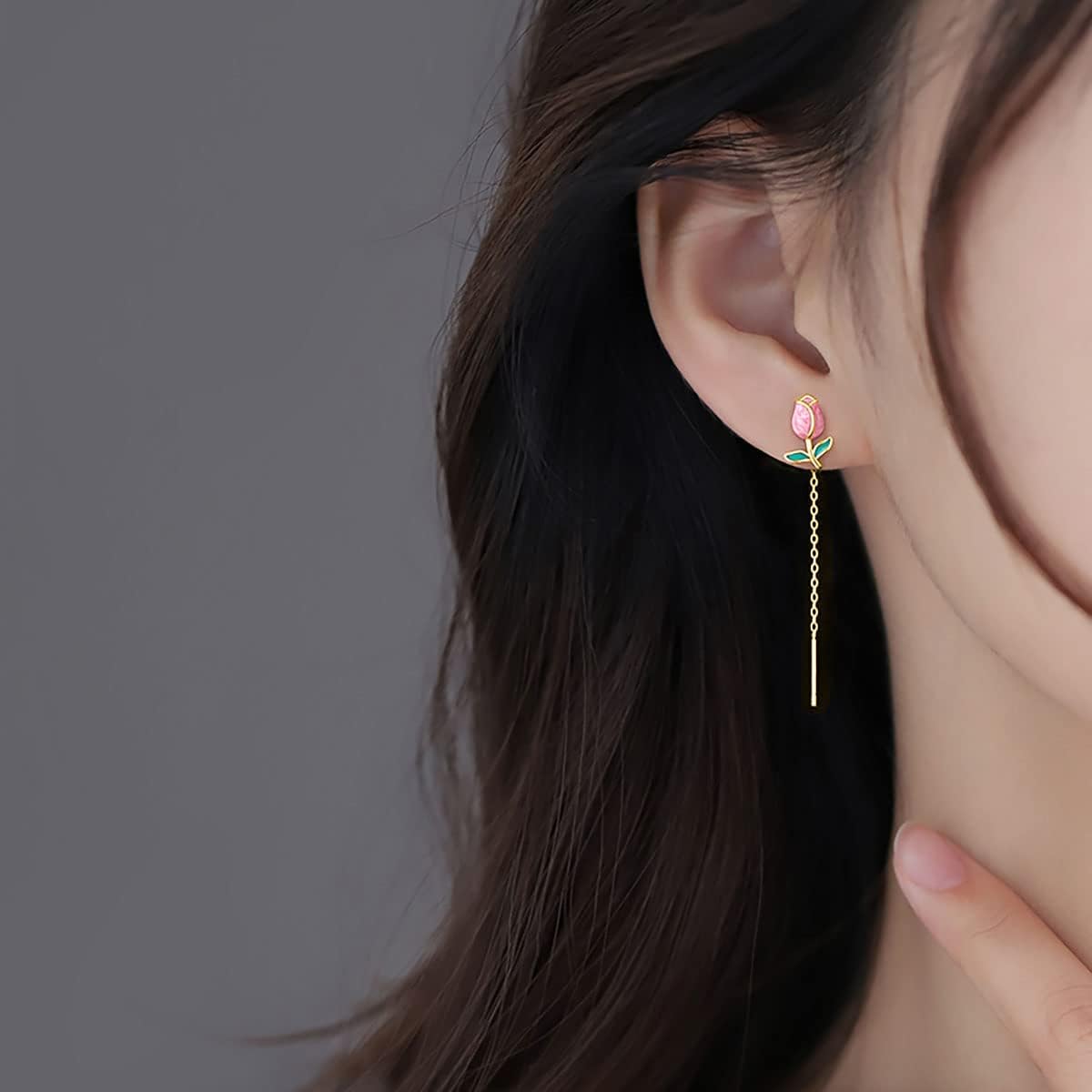 El Regalo Tulip Flower Threader Tassel Earrings for Women & Girls- Pink Flower Bud Dangling Chain Needle Thread Studs Earrings