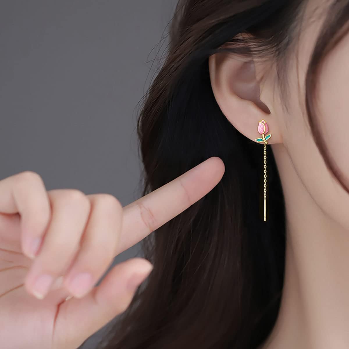 El Regalo Tulip Flower Threader Tassel Earrings for Women & Girls- Pink Flower Bud Dangling Chain Needle Thread Studs Earrings