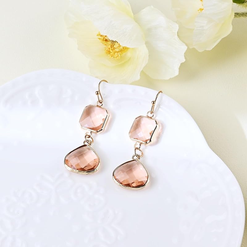 El Regalo Simulated Peachy Pink Dimond Cut Crystal Earrings- Hypoallergenic Dangle Drops Crystal Earrings for Girls & Women