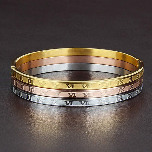 El Regalo 3PCs Anti Tarnish Stainless Steel with Roman Numbers Openable Bracelets Value Pack- Waterproof Bangle Bracelets Set  (Gold, Rose Gold, Silver)