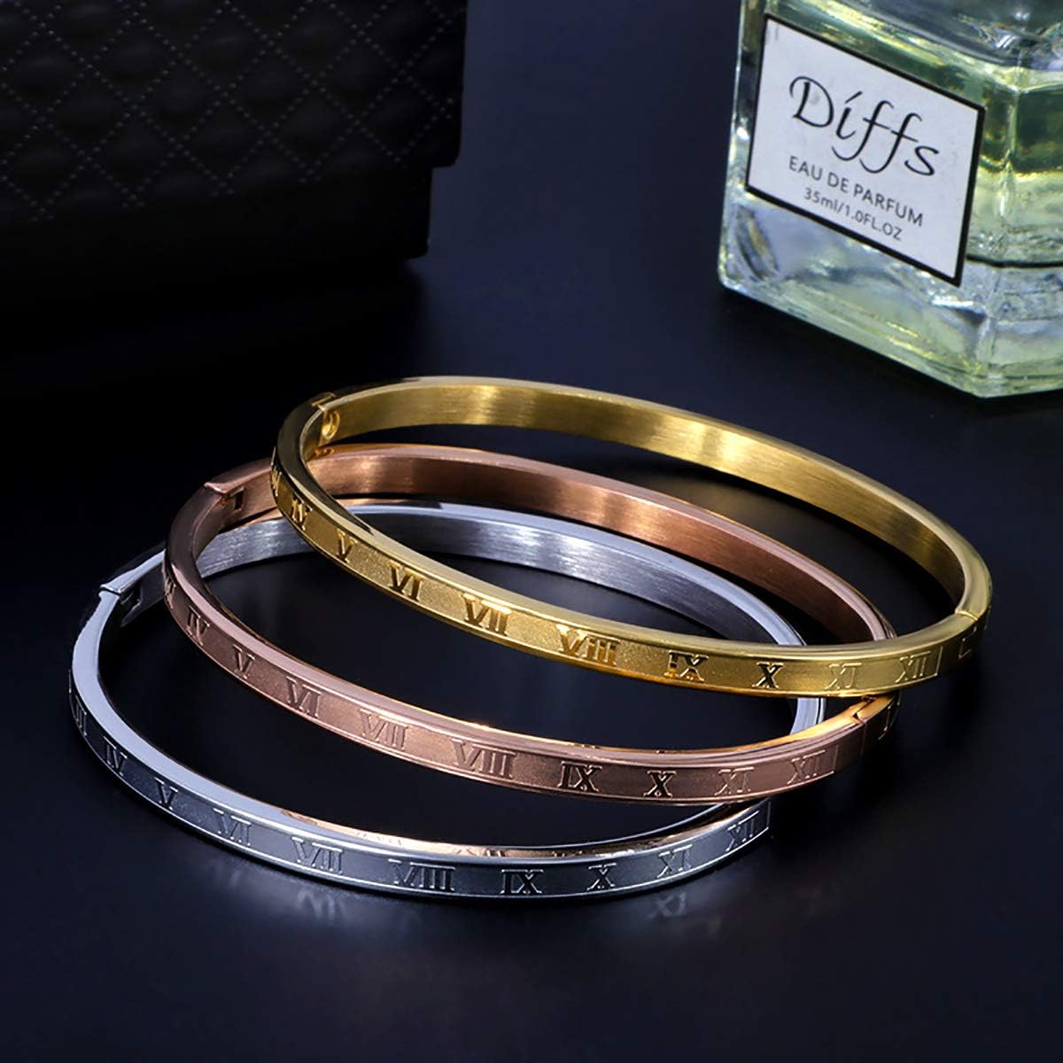 El Regalo 3PCs Anti Tarnish Stainless Steel with Roman Numbers Openable Bracelets Value Pack- Waterproof Bangle Bracelets Set  (Gold, Rose Gold, Silver)