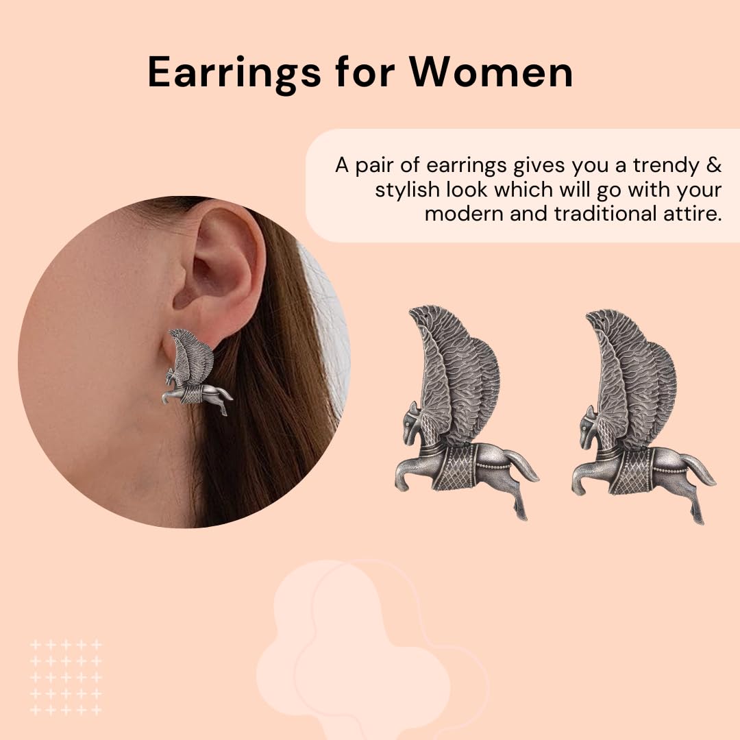 El Regalo "Ashvaakashi" Magical Flying Horse Studs- Oxidized Silver lookalike Unicorn Stud Earrings