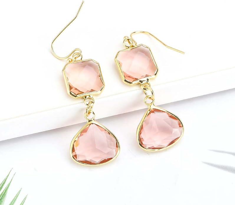 El Regalo Simulated Peachy Pink Dimond Cut Crystal Earrings- Hypoallergenic Dangle Drops Crystal Earrings for Girls & Women