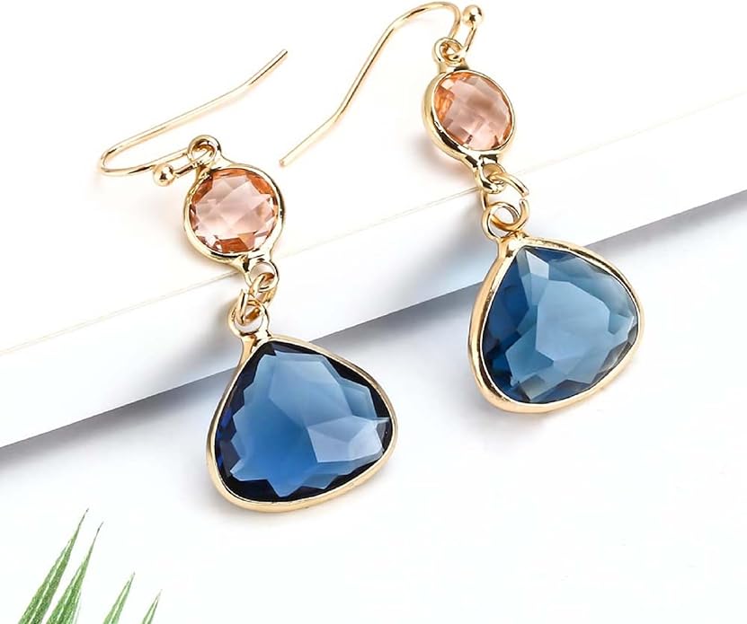 El Regalo Simulated Navy Blue Sapphire & Champagne Topaz Crystal Earrings- Hypoallergenic Dangle Drops Crystal Earrings for Girls & Women