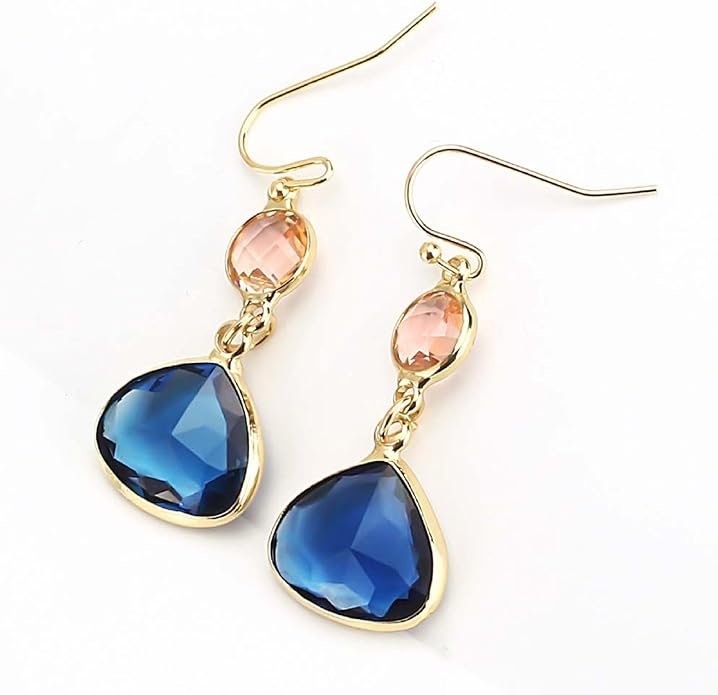 El Regalo Simulated Navy Blue Sapphire & Champagne Topaz Crystal Earrings- Hypoallergenic Dangle Drops Crystal Earrings for Girls & Women