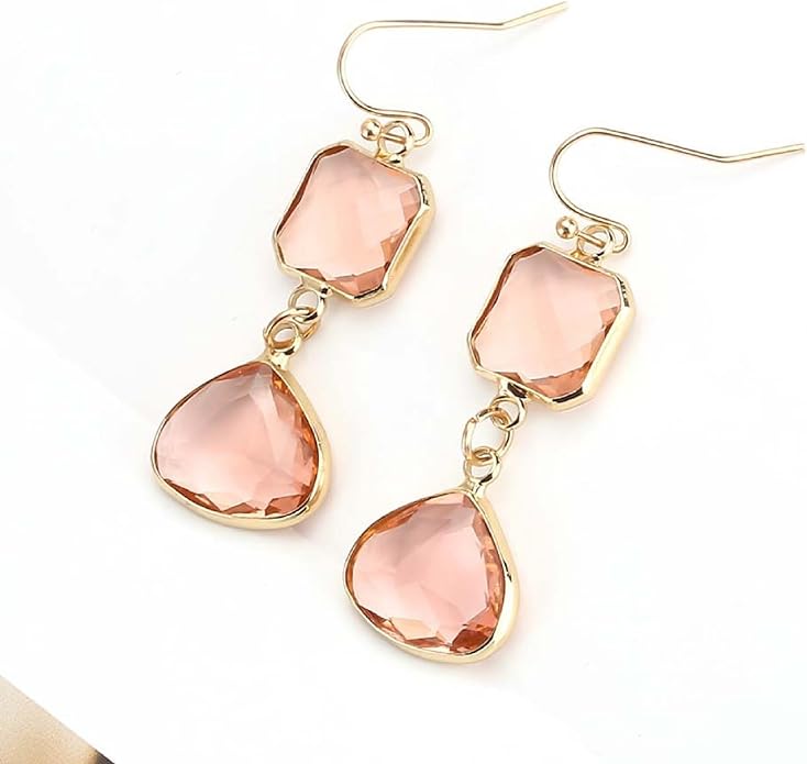 El Regalo Simulated Peachy Pink Dimond Cut Crystal Earrings- Hypoallergenic Dangle Drops Crystal Earrings for Girls & Women