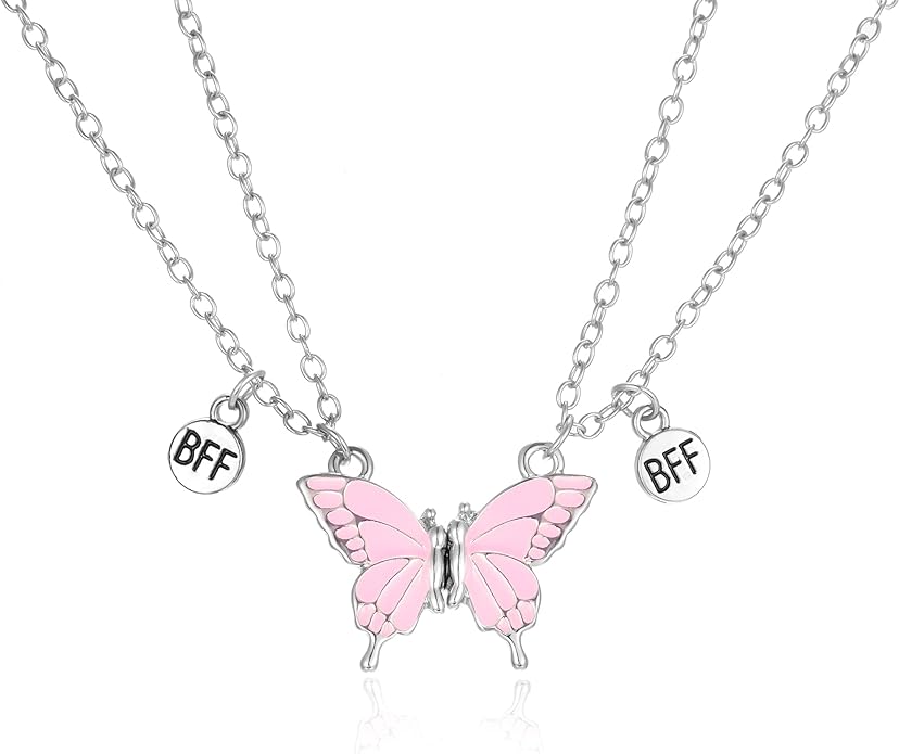 2Pcs Best Friends BFF Magnetic Butterfly Necklace Set- BFF Jewelry for Girls- Gift for Besties, Soul Sisters, Distant Friends