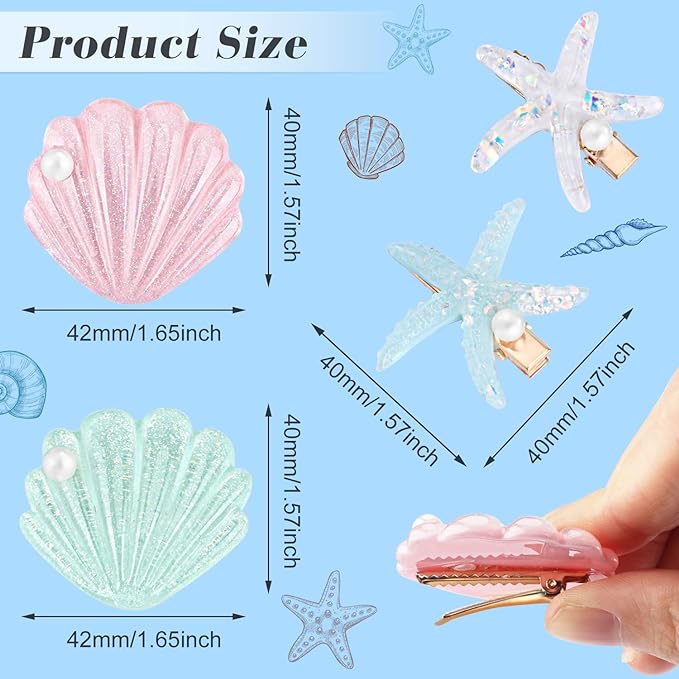 8PCs Shell Pearl Starfish Hair Clip Set - Sparkly Acrylic Resin Beach Theme Seashell Hair Clips- Alligator Hair Clips for Kids, Girls, Women- Headwear Styling Tools Hair Accessories