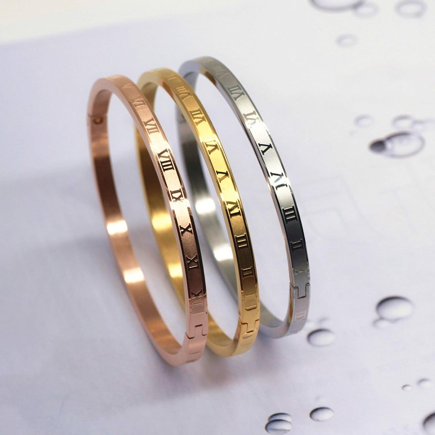 El Regalo 3PCs Anti Tarnish Stainless Steel with Roman Numbers Openable Bracelets Value Pack- Waterproof Bangle Bracelets Set  (Gold, Rose Gold, Silver)