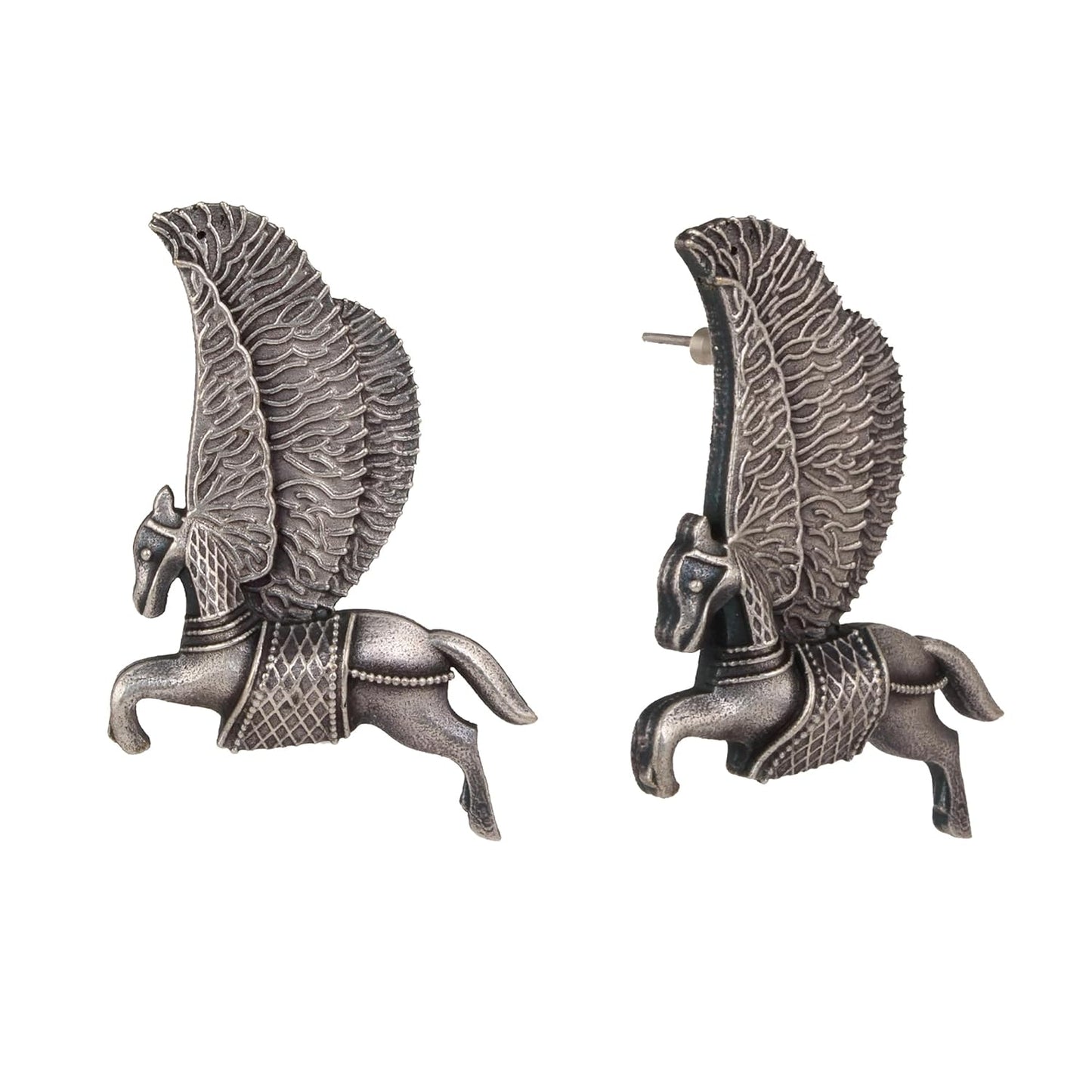 El Regalo "Ashvaakashi" Magical Flying Horse Studs- Oxidized Silver lookalike Unicorn Stud Earrings