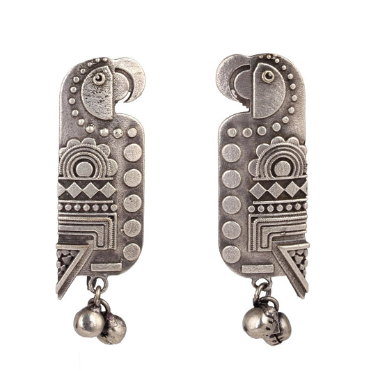 El Regalo Tota Earrings - Silver Lookalike Oxidized Bird Ghungroo Stud Earrings- Parrot Bird Handcrafted Statement Earrings