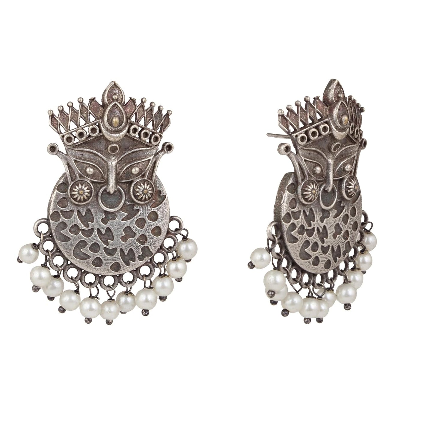 El Regalo "Kalika" Handmade Ma Kaali Earrings with Small Dangling Pearls-  Silver Lookalike/ Silver Replica Durga Ma Oxidized Earrings