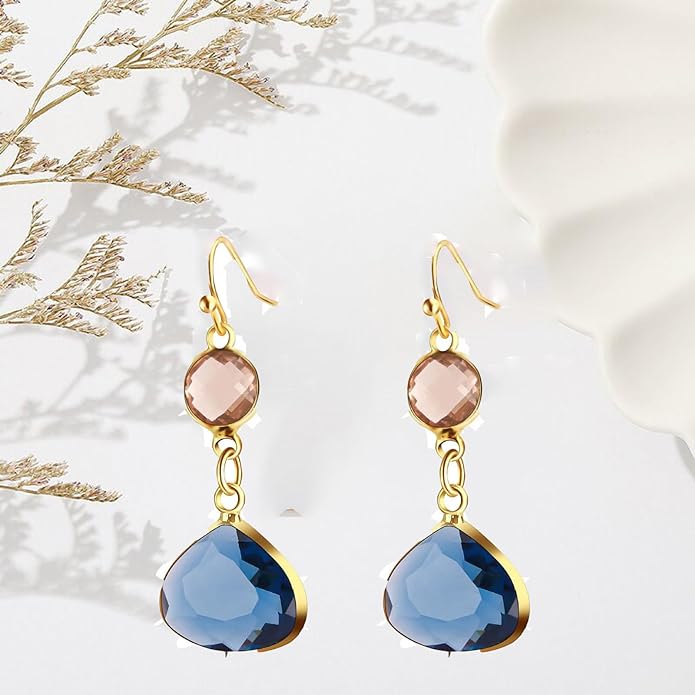 El Regalo Simulated Navy Blue Sapphire & Champagne Topaz Crystal Earrings- Hypoallergenic Dangle Drops Crystal Earrings for Girls & Women