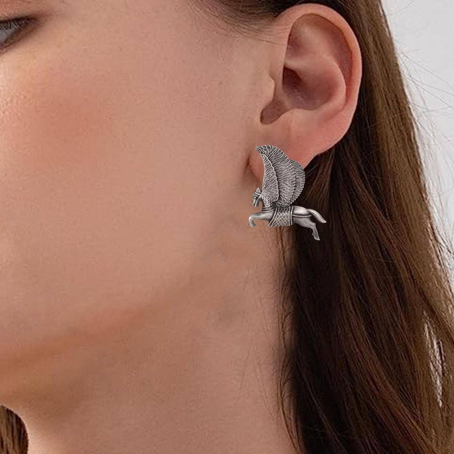 El Regalo "Ashvaakashi" Magical Flying Horse Studs- Oxidized Silver lookalike Unicorn Stud Earrings