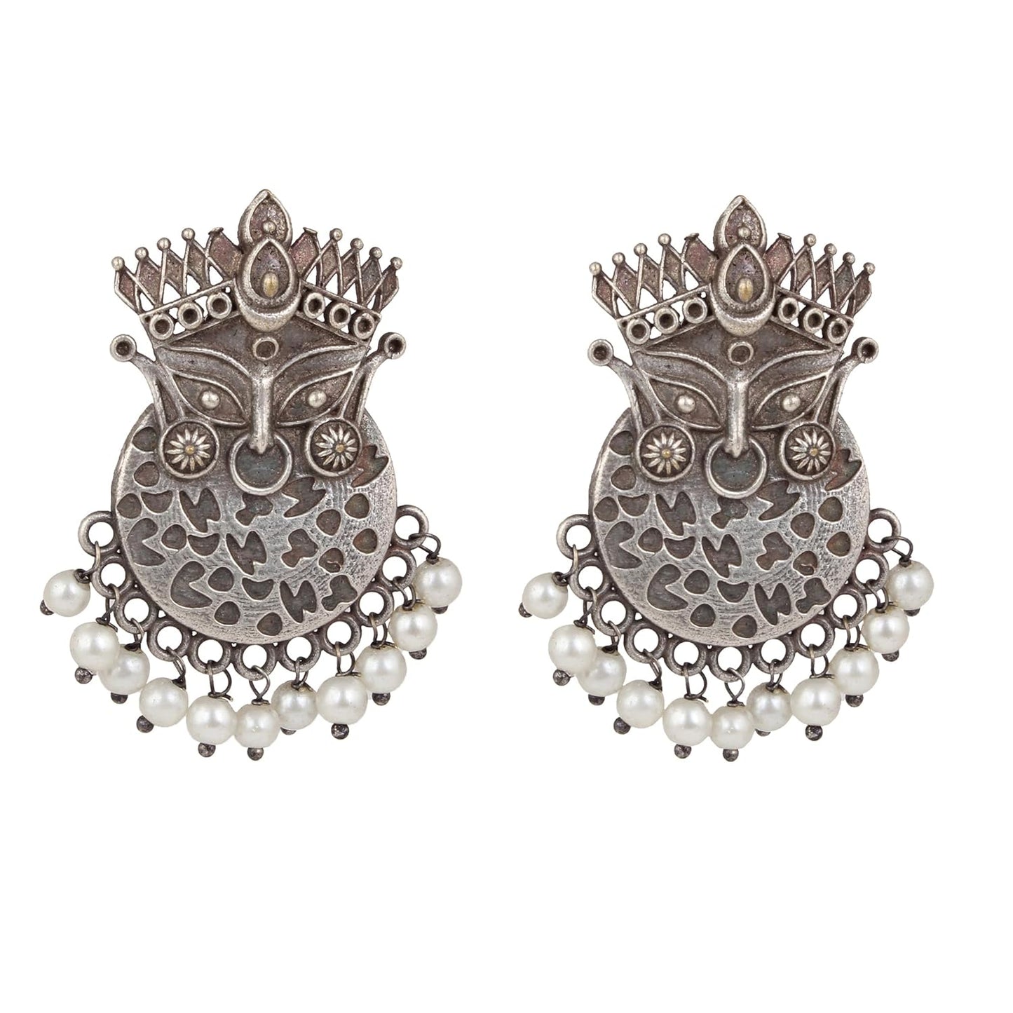 El Regalo "Kalika" Handmade Ma Kaali Earrings with Small Dangling Pearls-  Silver Lookalike/ Silver Replica Durga Ma Oxidized Earrings