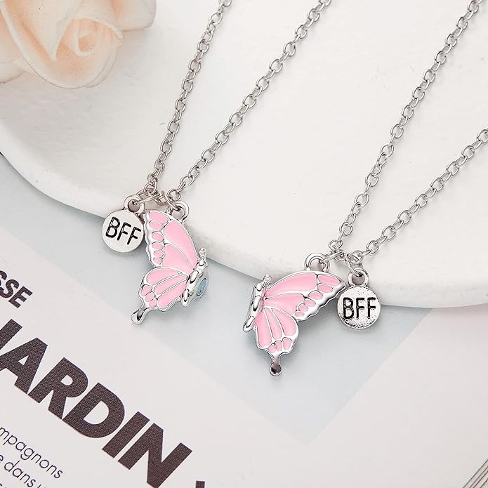 2Pcs Best Friends BFF Magnetic Butterfly Necklace Set- BFF Jewelry for Girls- Gift for Besties, Soul Sisters, Distant Friends