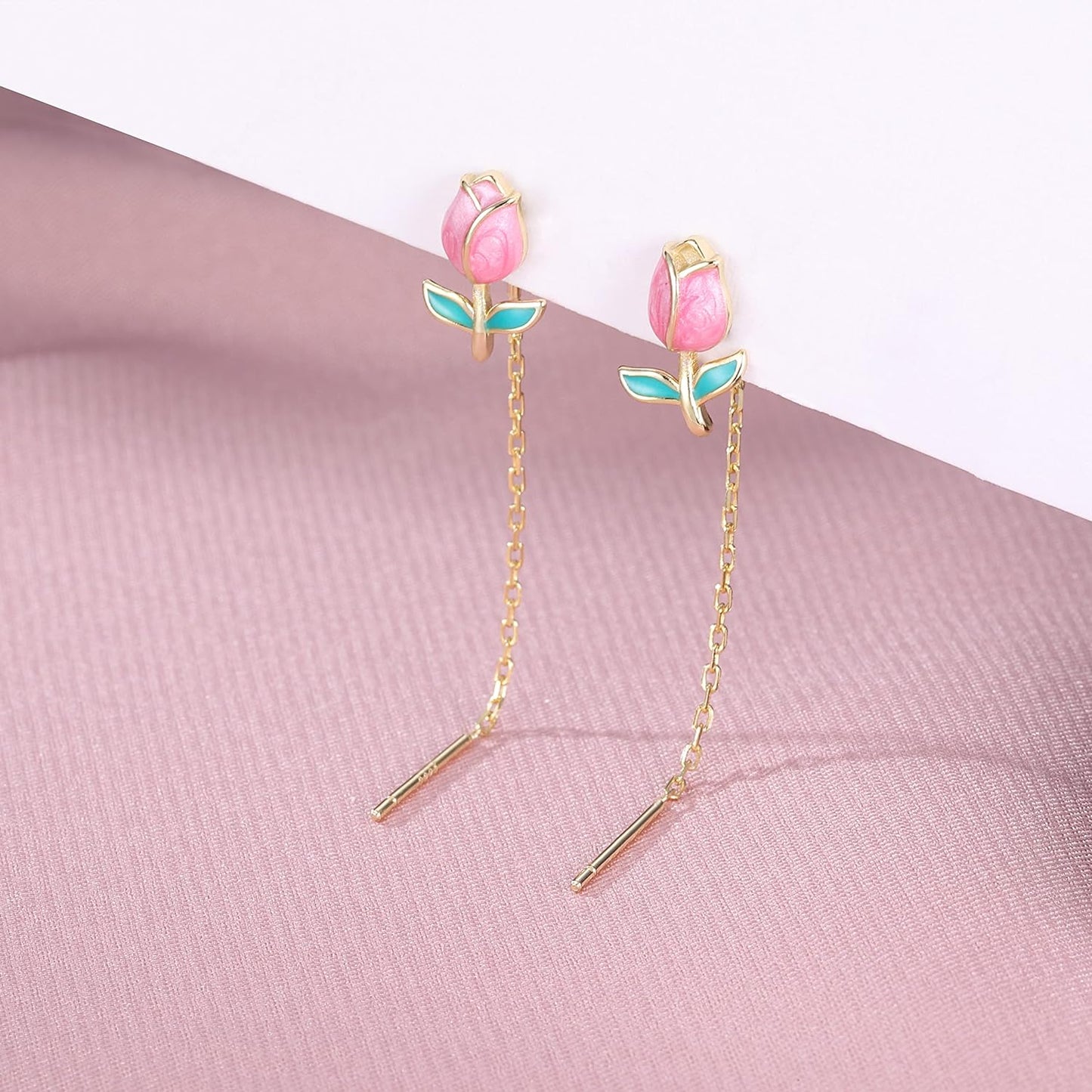 El Regalo Tulip Flower Threader Tassel Earrings for Women & Girls- Pink Flower Bud Dangling Chain Needle Thread Studs Earrings