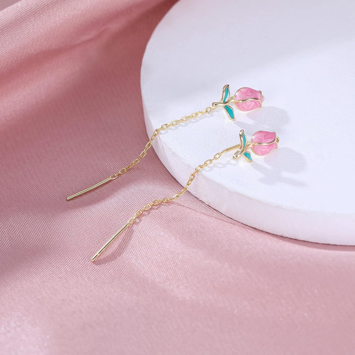 El Regalo Tulip Flower Threader Tassel Earrings for Women & Girls- Pink Flower Bud Dangling Chain Needle Thread Studs Earrings