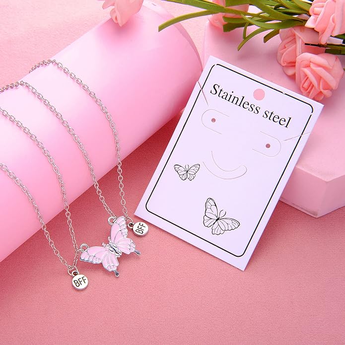 2Pcs Best Friends BFF Magnetic Butterfly Necklace Set- BFF Jewelry for Girls- Gift for Besties, Soul Sisters, Distant Friends