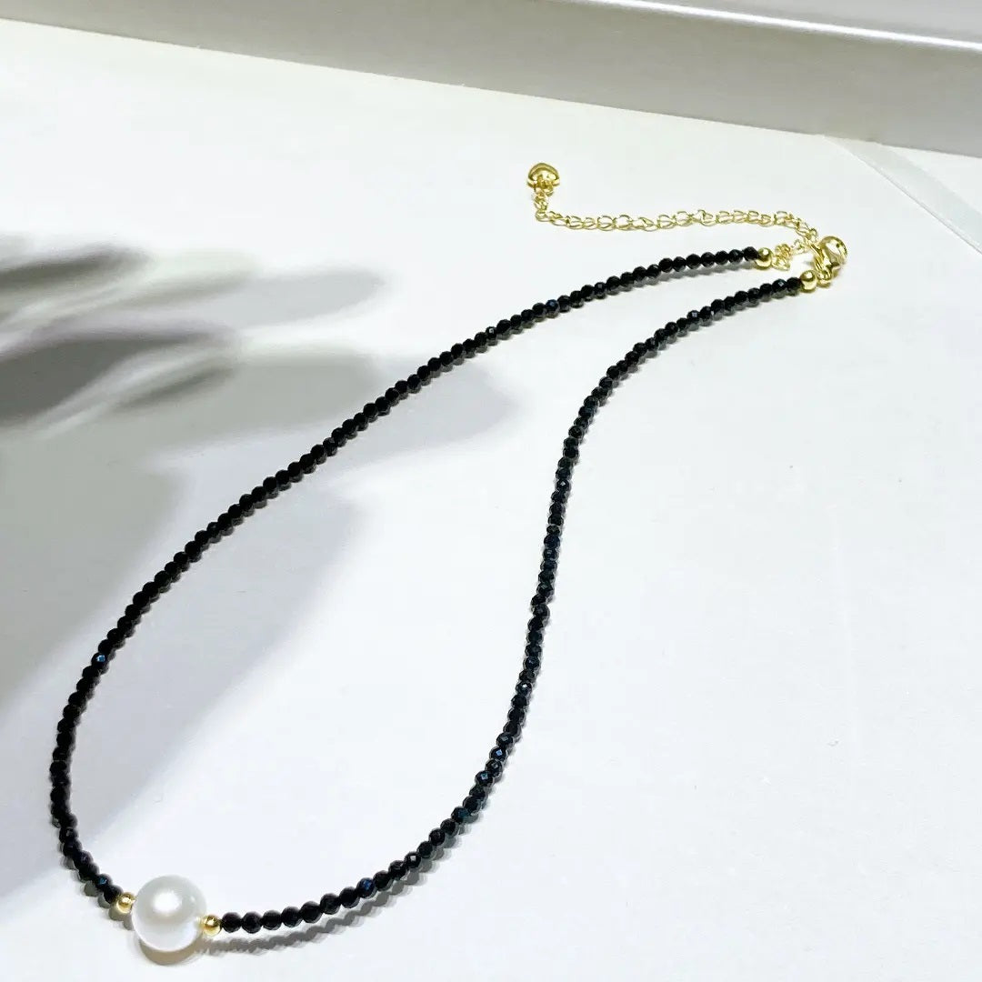 El Regalo Stylish Pearl Necklace with Black Crystals- Stainless Steel Pearl Necklace