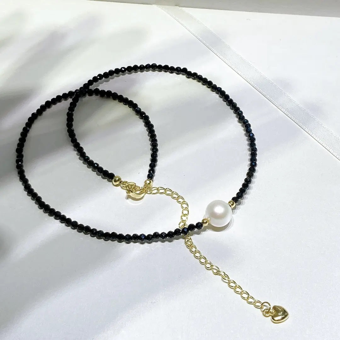 El Regalo Stylish Pearl Necklace with Black Crystals- Stainless Steel Pearl Necklace