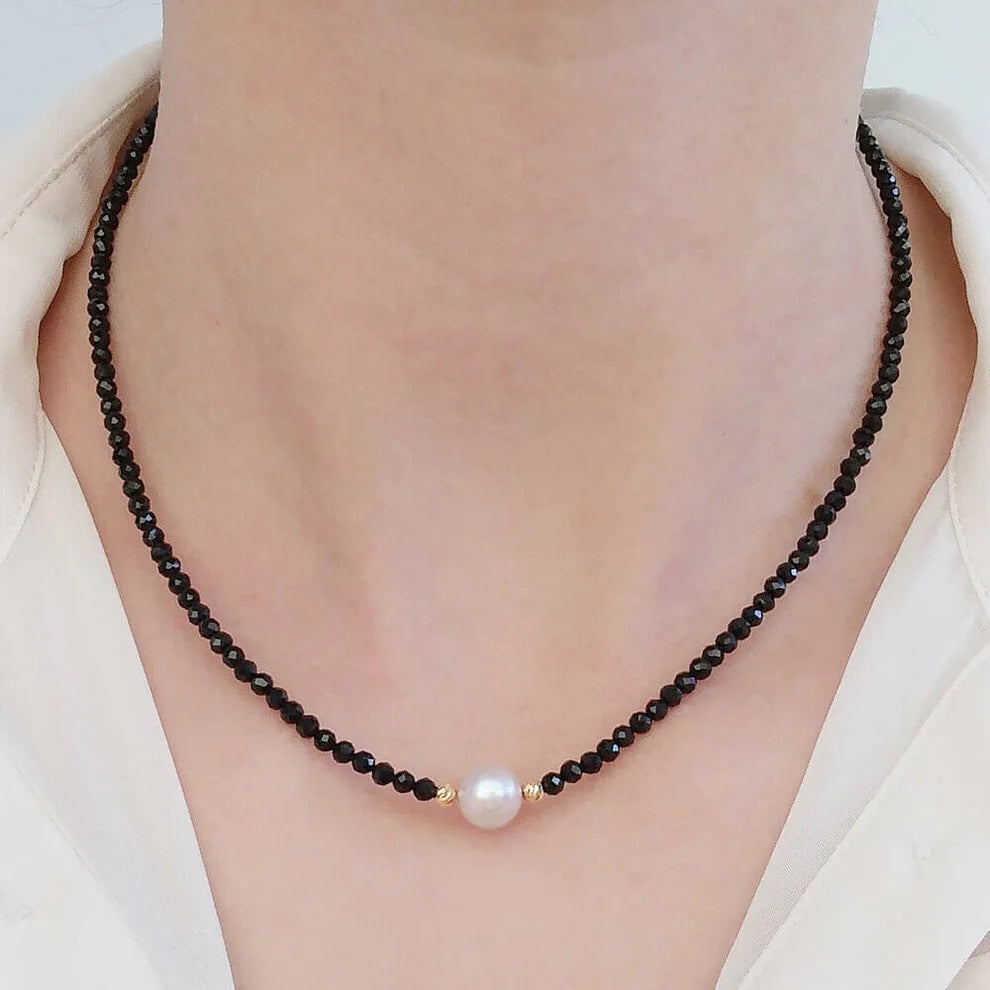 El Regalo Stylish Pearl Necklace with Black Crystals- Stainless Steel Pearl Necklace