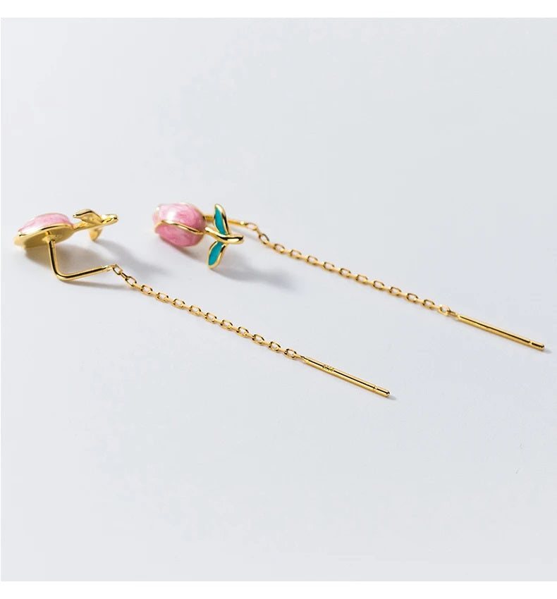 El Regalo Tulip Flower Threader Tassel Earrings for Women & Girls- Pink Flower Bud Dangling Chain Needle Thread Studs Earrings