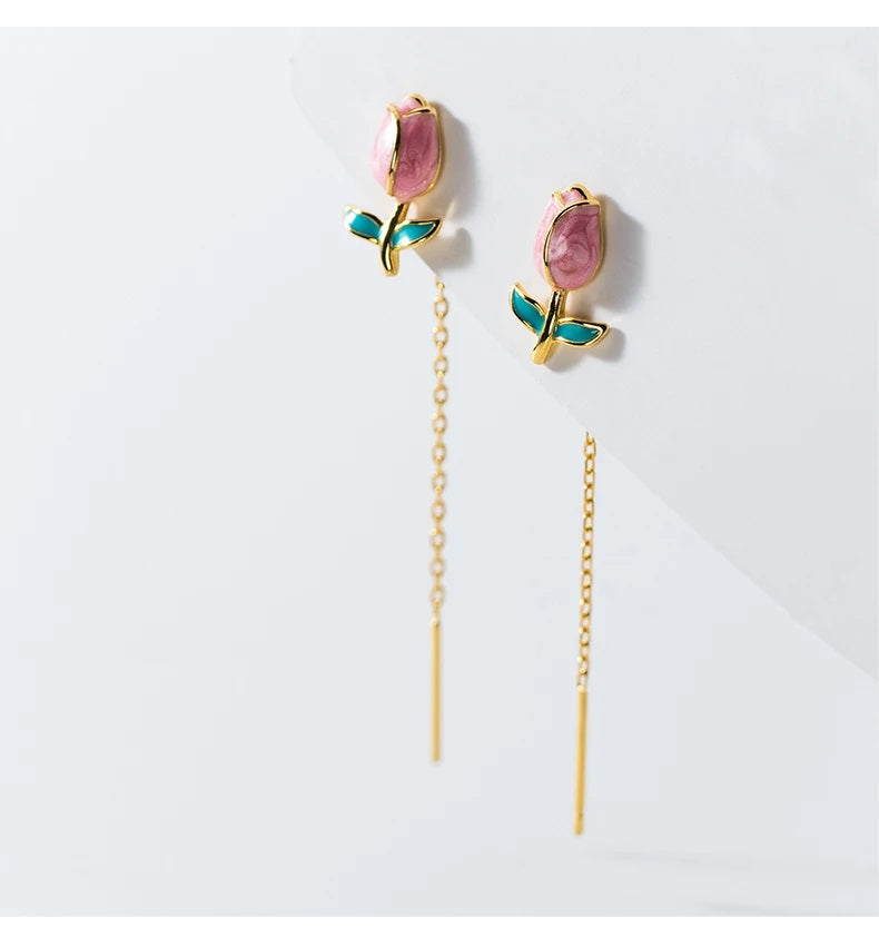 El Regalo Tulip Flower Threader Tassel Earrings for Women & Girls- Pink Flower Bud Dangling Chain Needle Thread Studs Earrings