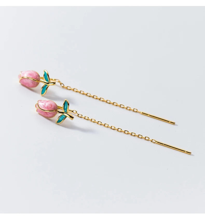 El Regalo Tulip Flower Threader Tassel Earrings for Women & Girls- Pink Flower Bud Dangling Chain Needle Thread Studs Earrings