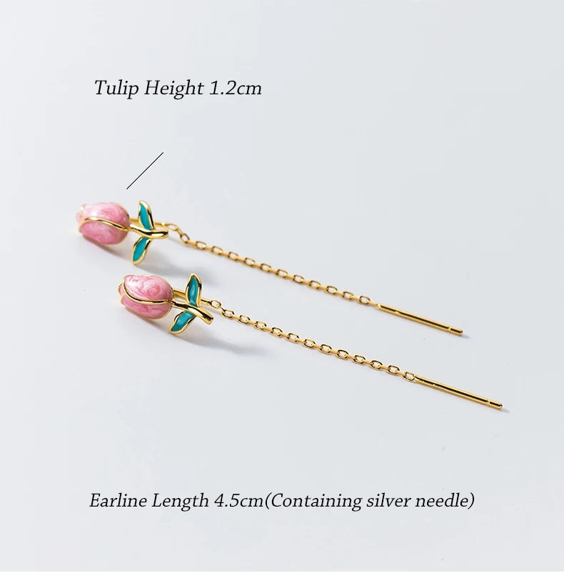 El Regalo Tulip Flower Threader Tassel Earrings for Women & Girls- Pink Flower Bud Dangling Chain Needle Thread Studs Earrings