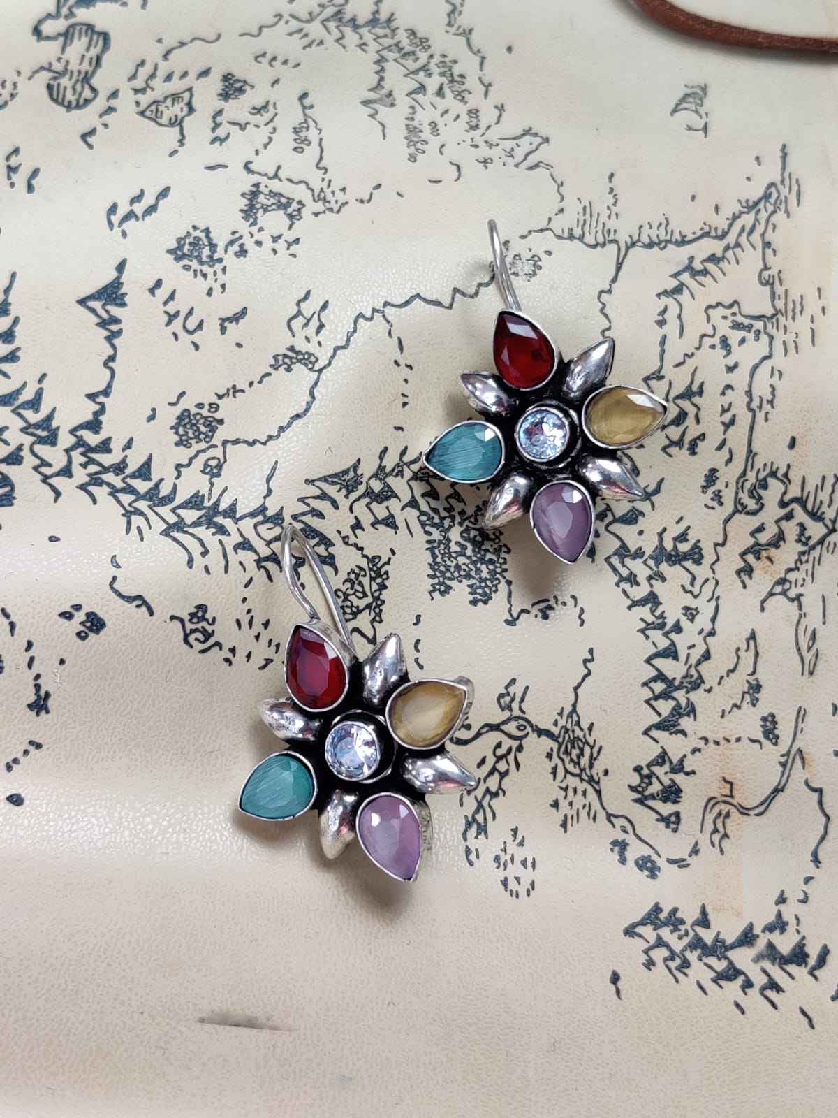 Rang-Birange Phool Earrings- Beautiful Multicolor Stone Flower Earrings- Silver Lookalike Brass Floral Multi-Colored Stones Earrings