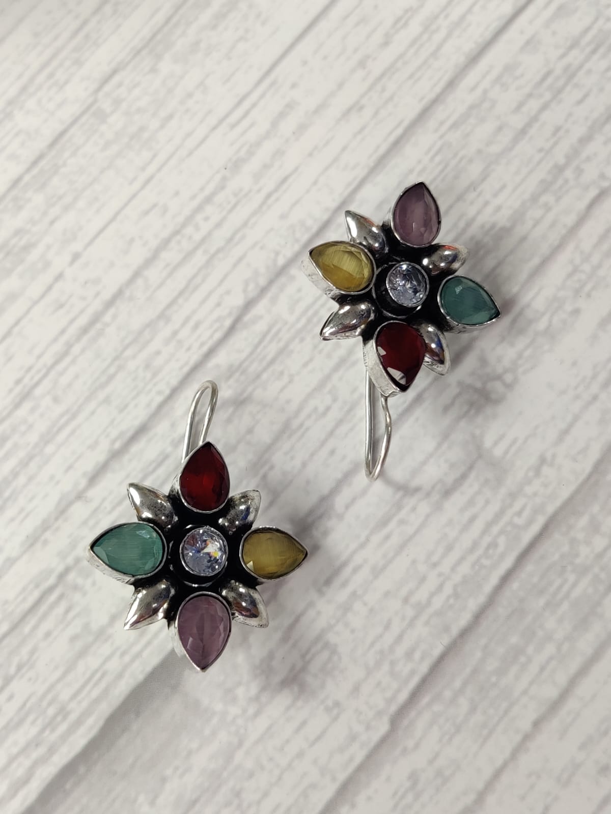 Rang-Birange Phool Earrings- Beautiful Multicolor Stone Flower Earrings- Silver Lookalike Brass Floral Multi-Colored Stones Earrings