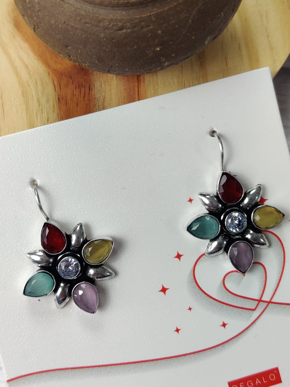 Rang-Birange Phool Earrings- Beautiful Multicolor Stone Flower Earrings- Silver Lookalike Brass Floral Multi-Colored Stones Earrings