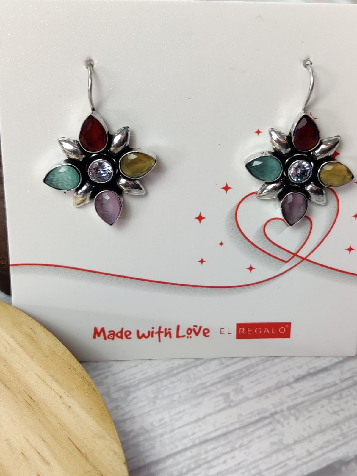 Rang-Birange Phool Earrings- Beautiful Multicolor Stone Flower Earrings- Silver Lookalike Brass Floral Multi-Colored Stones Earrings