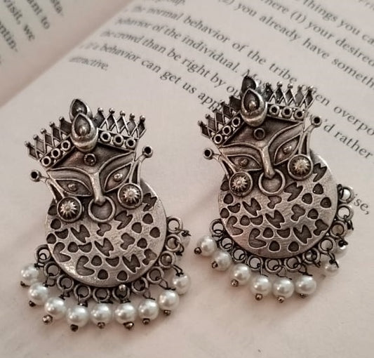 El Regalo "Kalika" Handmade Ma Kaali Earrings with Small Dangling Pearls-  Silver Lookalike/ Silver Replica Durga Ma Oxidized Earrings