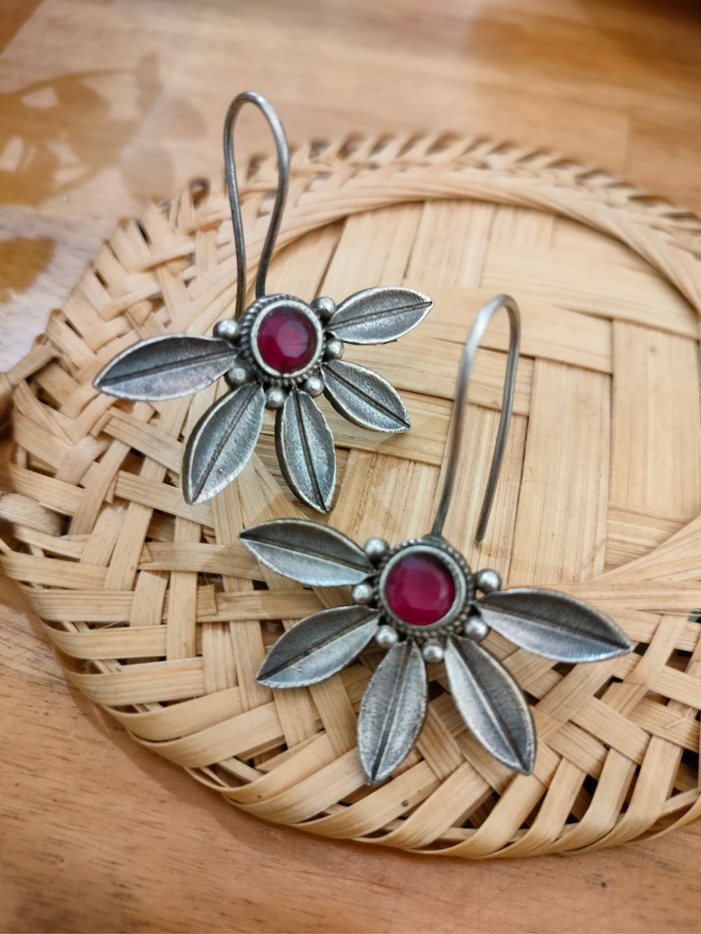 El Regalo Petals Earrings- "Pattiyan" Oxidized Handmade Brass Earrings with Red Stone in Antique Silver Finish