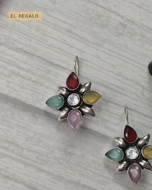 Rang-Birange Phool Earrings- Beautiful Multicolor Stone Flower Earrings- Silver Lookalike Brass Floral Multi-Colored Stones Earrings