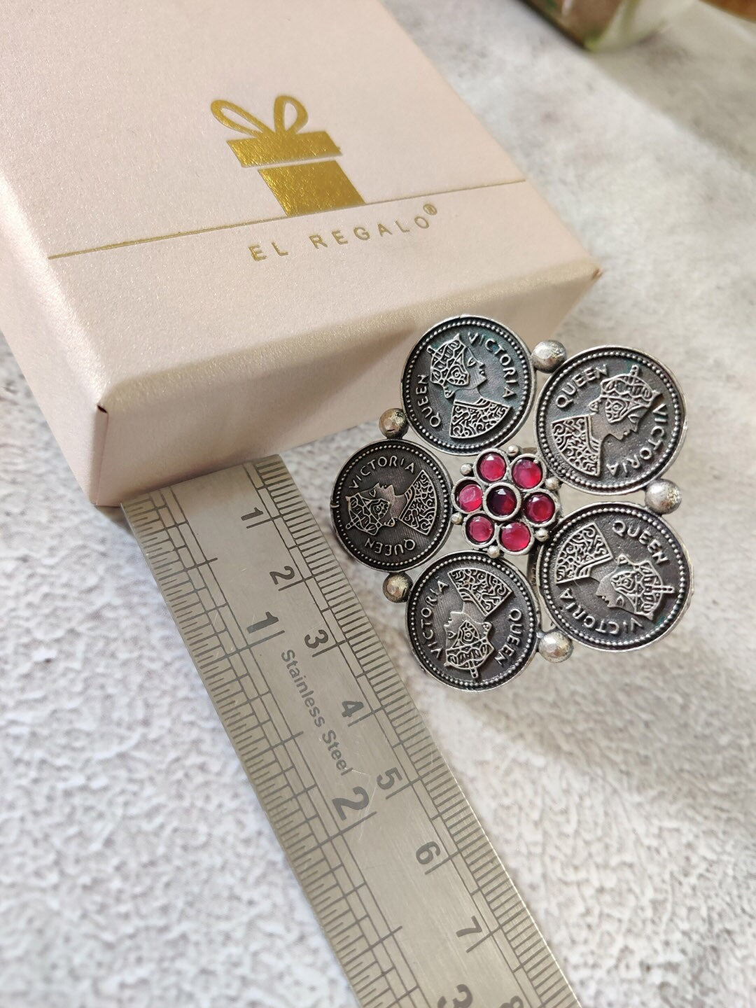 EL REGALO Silver-Toned Red Stone-Studded Antique Adjustable Finger Ring - for Women and Girls
Style ID: 16843730