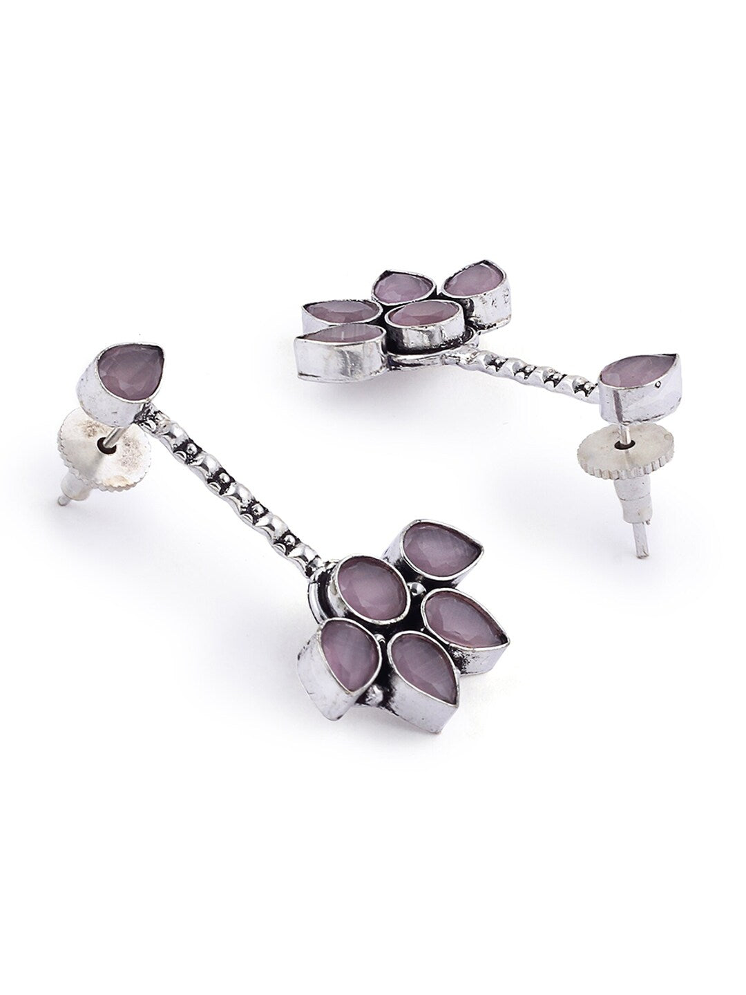 EL REGALO Handcrafted 925 Silver Plated Lavender Stones Studded Flower Drop Statement Earrings