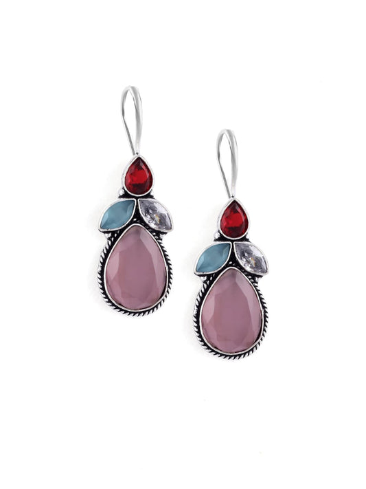 EL REGALO 925 Silver Plated Lavender & Red Leaf Stone Studded Drop Statement Earrings for Women and Girls