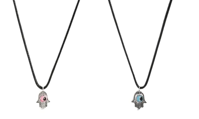 El Regalo 2PCs Evil Eye Hamsa Hand Pendant Necklaces Set for All- Kids, Girls, Boys, Men & Women- Lucky Pink & Blue Evil Eye Hamsa Hand for Best Firends/ Couples