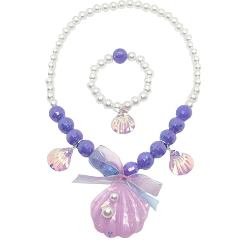 El Regalo Girls Kids Shimmering Beads Bow Shell Princess Necklace & Bracelet Sets- Acrylic Bow Star Beads Princess Necklace Bracelet Jewelry Set for Girls Kids
