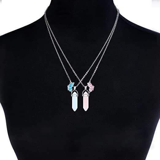 El Regalo 2Pcs/Set Resin Crystal BFF Best Friend Magnetic Butterfly Couple Matching Split Heart Pendant Necklaces for Besties/ Best Friends- Valentines Day Gift