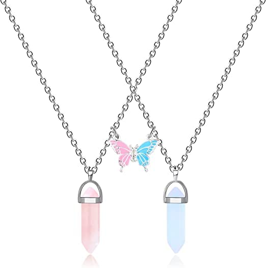 El Regalo 2Pcs/Set Resin Crystal BFF Best Friend Magnetic Butterfly Couple Matching Split Heart Pendant Necklaces for Besties/ Best Friends- Valentines Day Gift