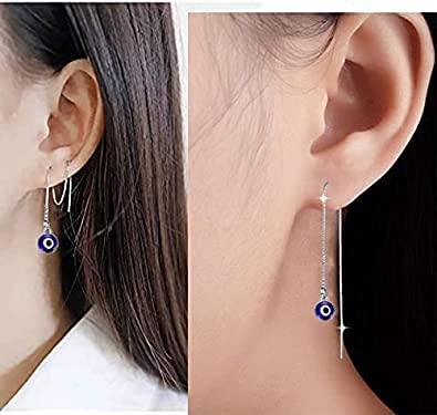 El Regalo 🧿 Evil Eye Threader Earrings | Classy & Minimalist Blue Evil Eye Needle Thread Long Drop Ear Line Dangle Earrings