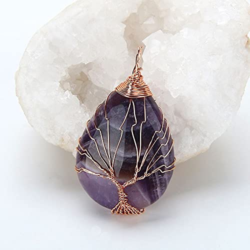 El Regalo 1 PC Tree of Life Wire Wrapped Drop Natural Stones Healing Crystal Chakra Pendant Necklace - Unique Handcrafted Gemstones Pendant Necklaces